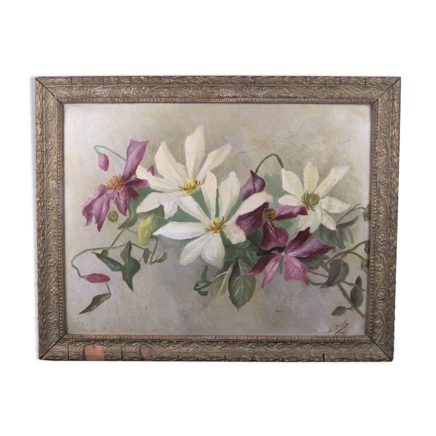 Oil on panel painting hsp white & purple clematis signed m. strich 1904
