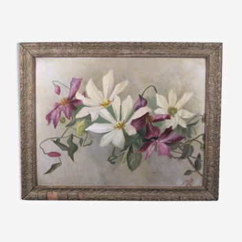Oil on panel painting hsp white & purple clematis signed m. strich 1904