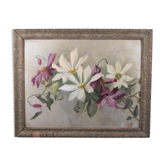 Oil on panel painting hsp white & purple clematis signed m. strich 1904