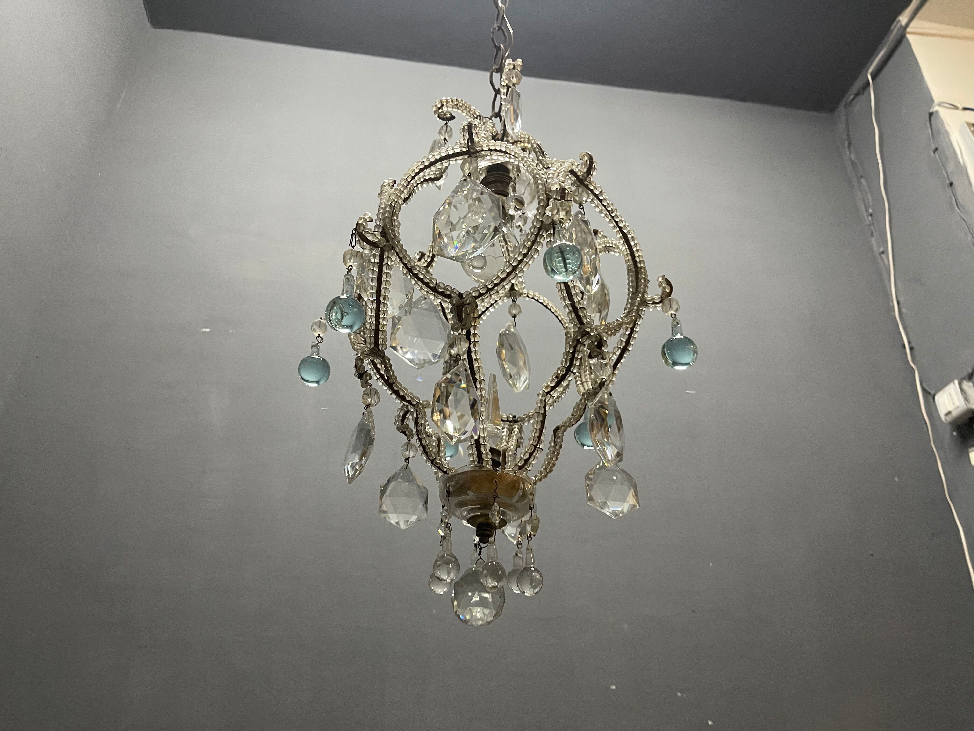 Vintage Crystal Beaded Pendant Light with Murano Glass Drops, Italy