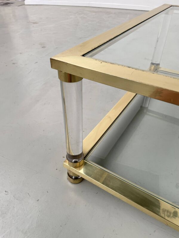 Table basse lucite, laiton et verre années 70