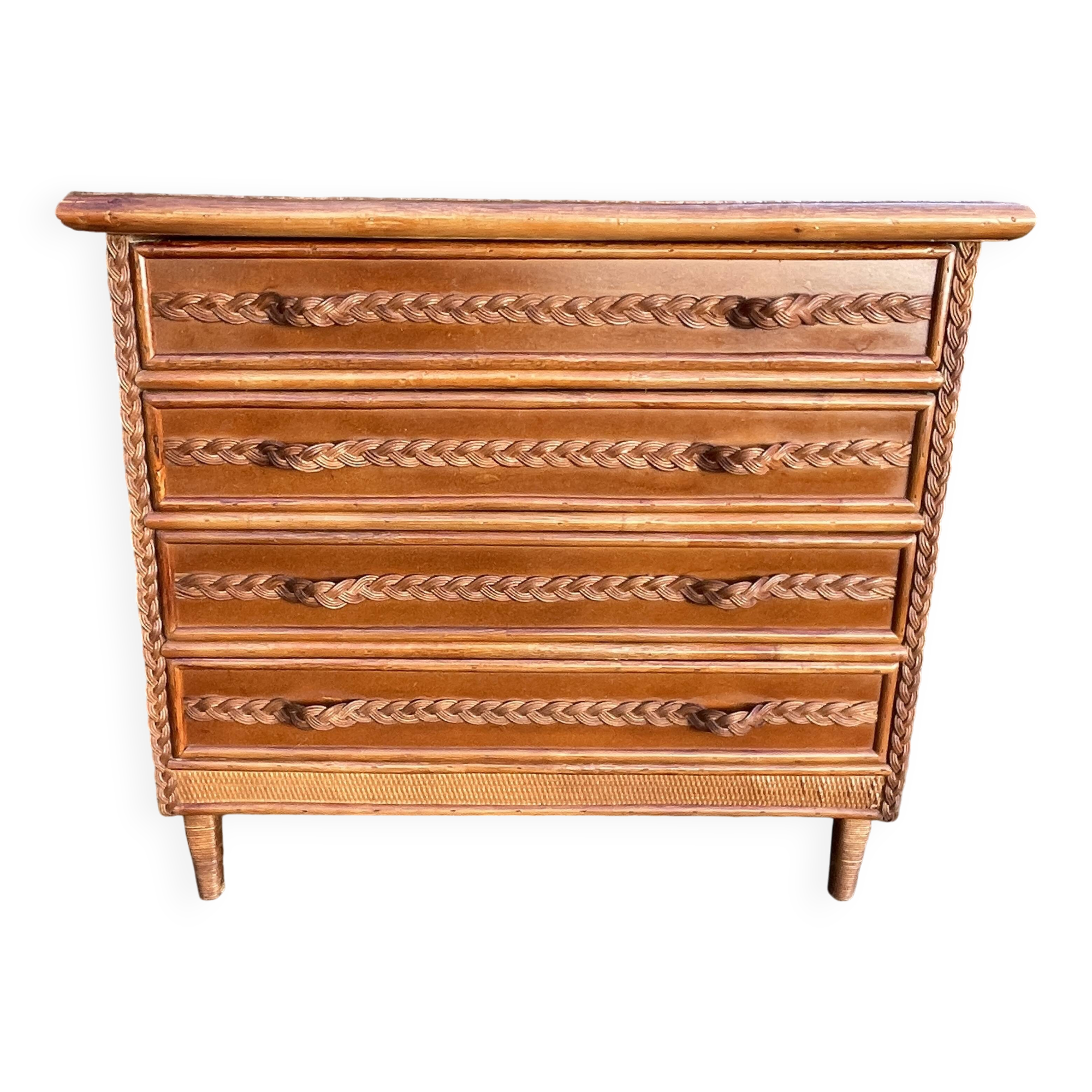 Commode bois et rotin poignées tressées