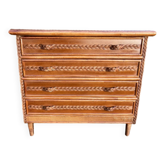 Commode bois et rotin poignées tressées