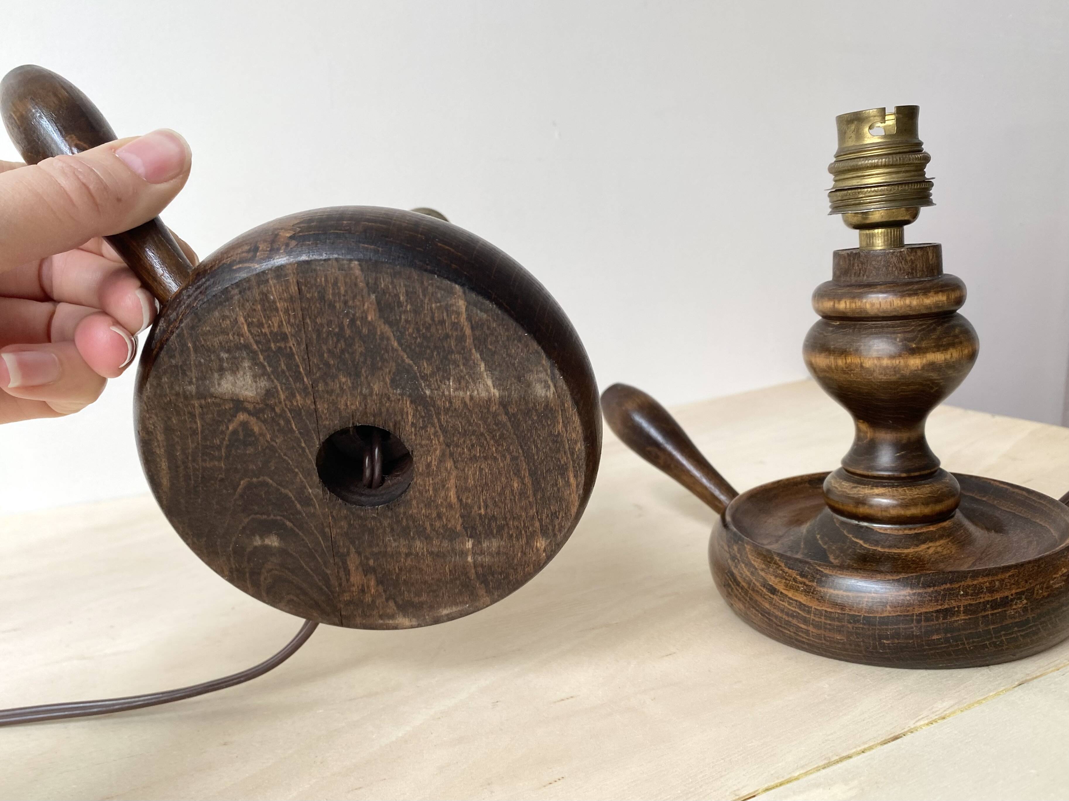 Pair of 50s turned wooden candlestick lamps, vintage lighting fixtures, rustic lamp bases