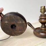 Pair of 50s turned wooden candlestick lamps, vintage lighting fixtures, rustic lamp bases