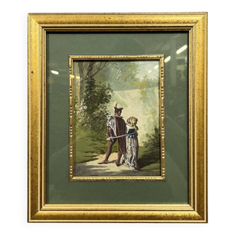 Pierre Guillermet: aquarelle époque XIXème figurant une scène de sous bois animée de personnages