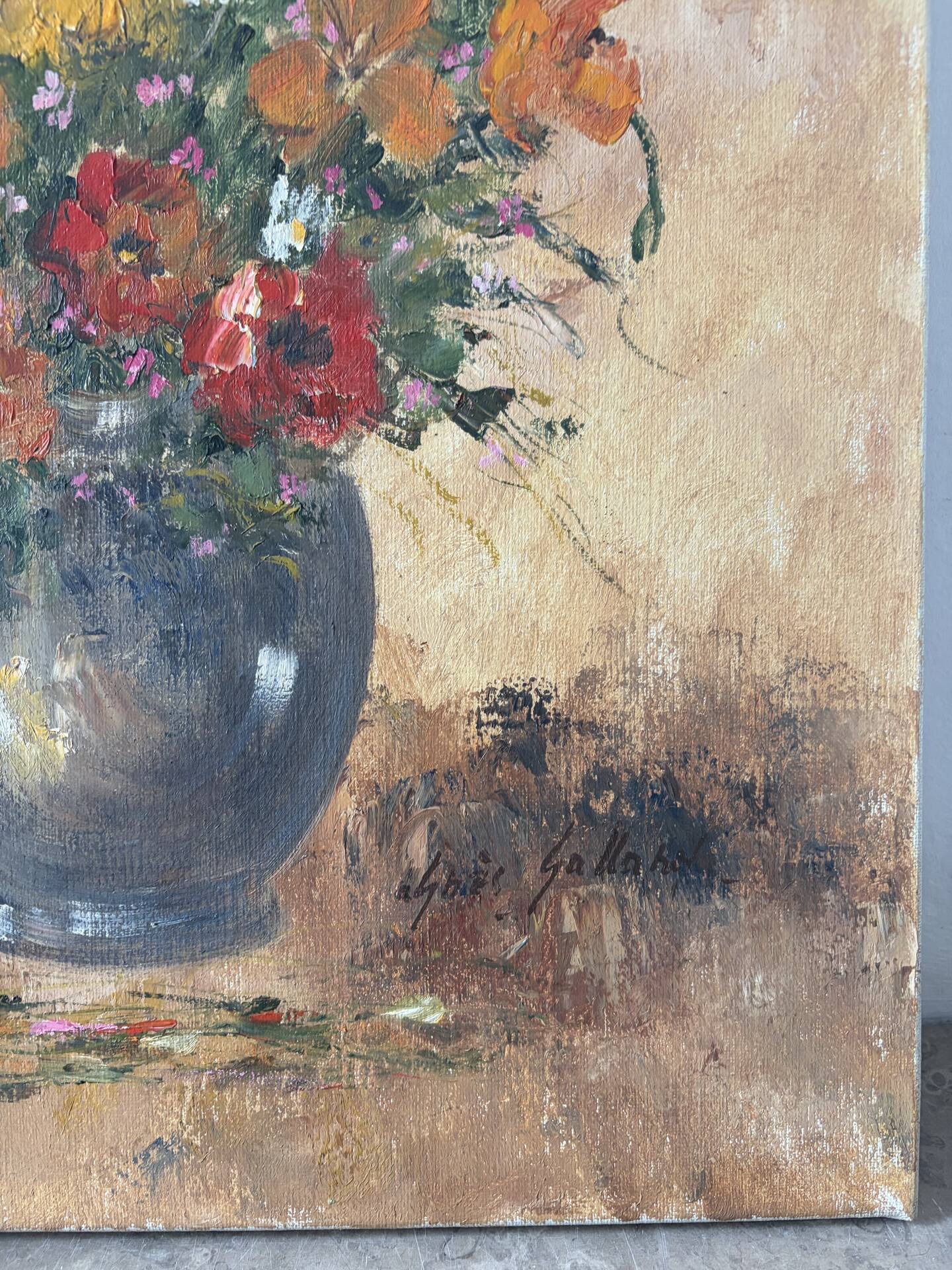 Vase de fleurs, huile sur toile signé Agnès Galland
