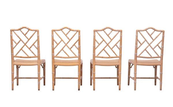 Ensemble de 4 chaises Chinoises Chippendale Style Régence Chic avec assise en rotin tressé