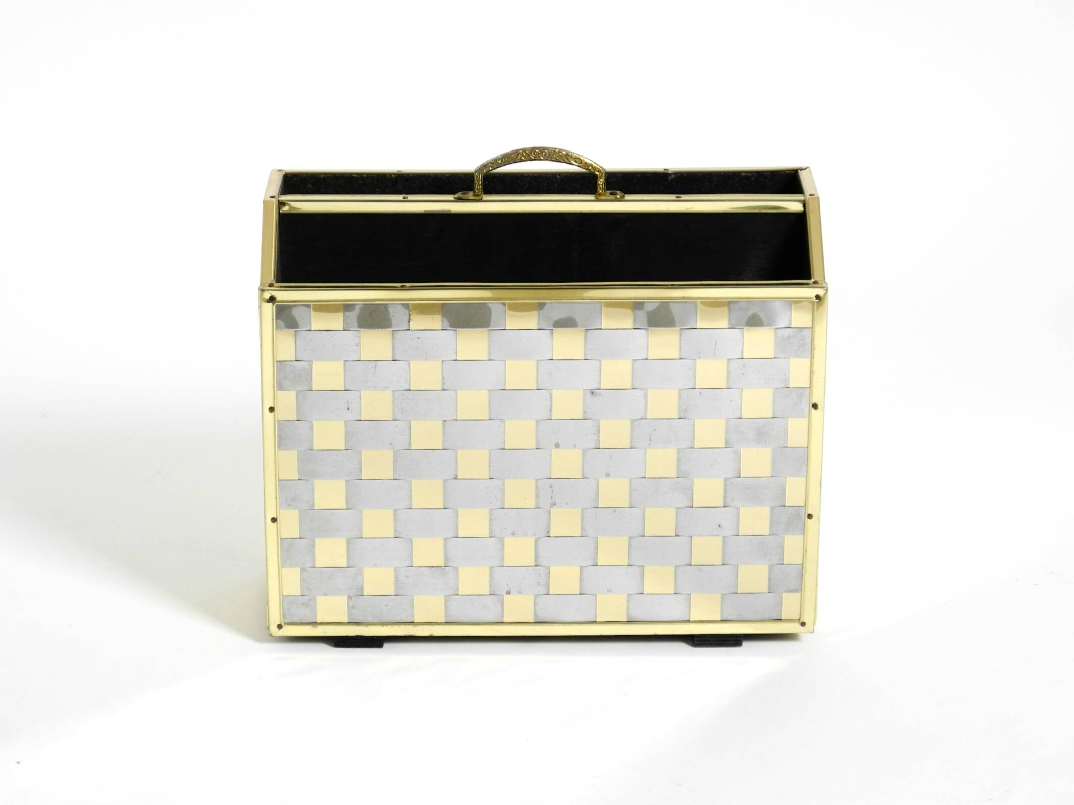 1980s newspaper rack made of brass and wood in Hollywood Regecy design