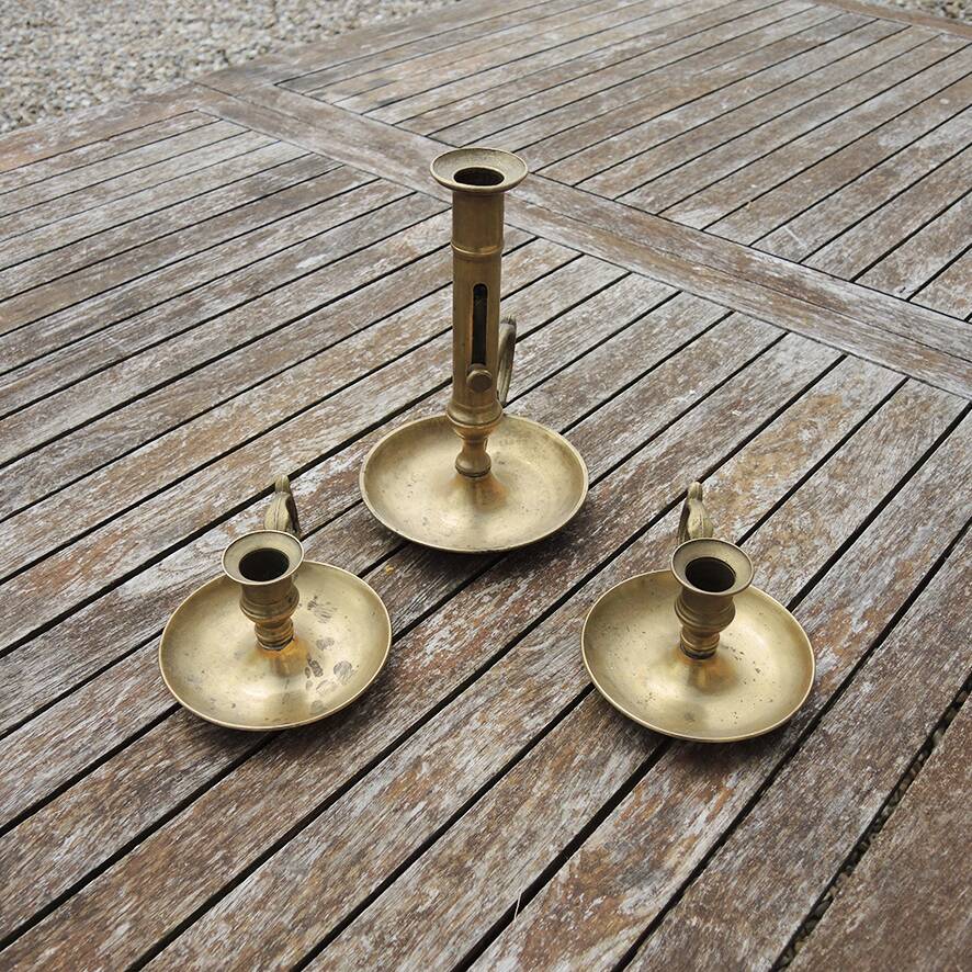 3 antique brass candlesticks with handles