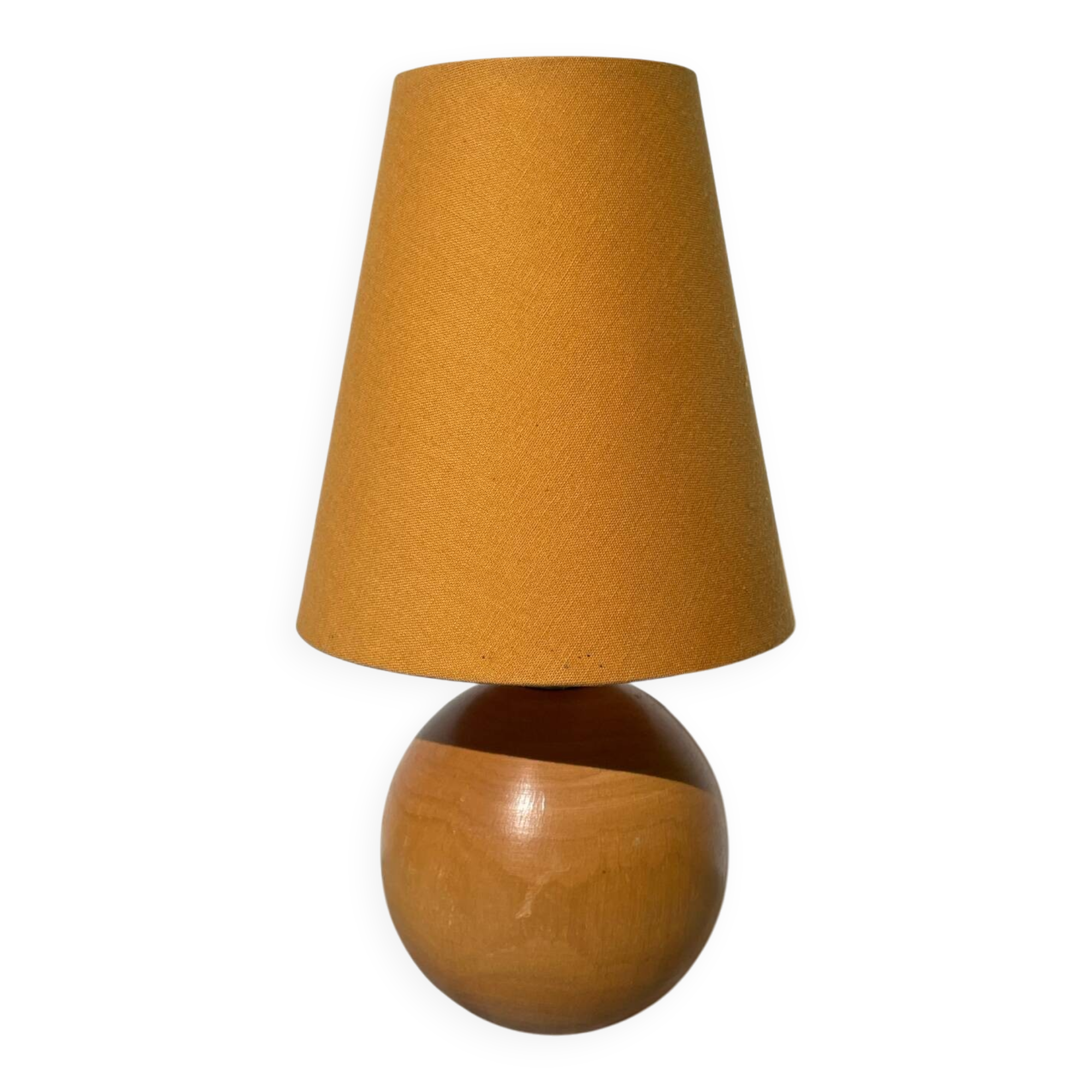 Lampe boule en bois tourné jaune 1980