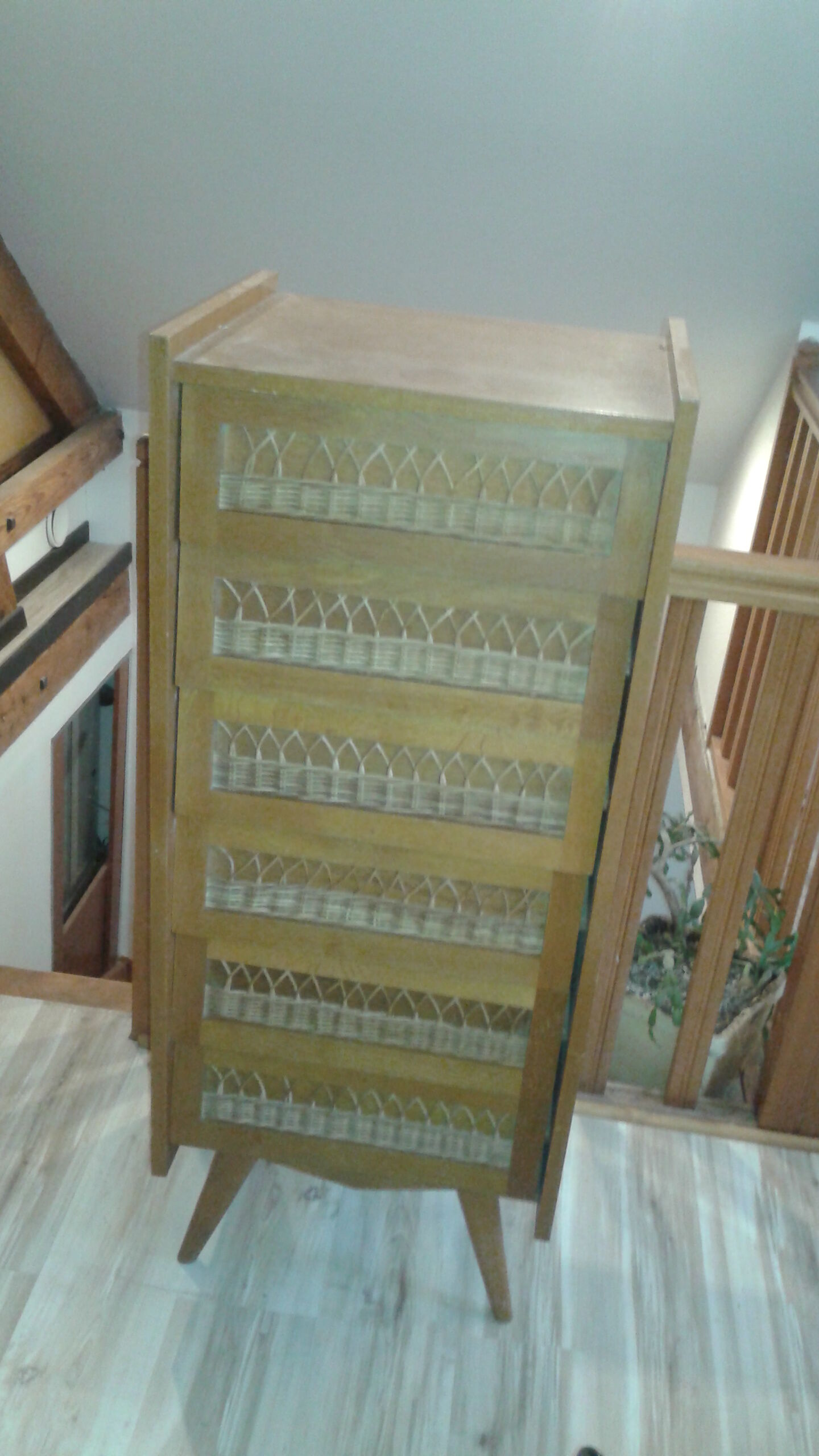 Dresser chest of drawers vintage wood and wicker feet compass