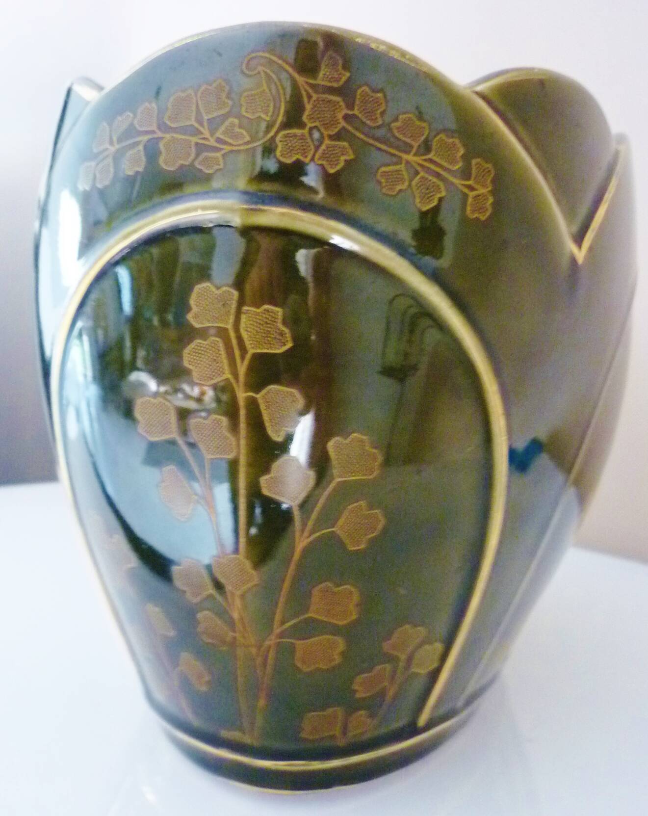 Planter, art nouveau, iris, enameled ceramic, signed Gustave De Bruyn, Fives-Lille