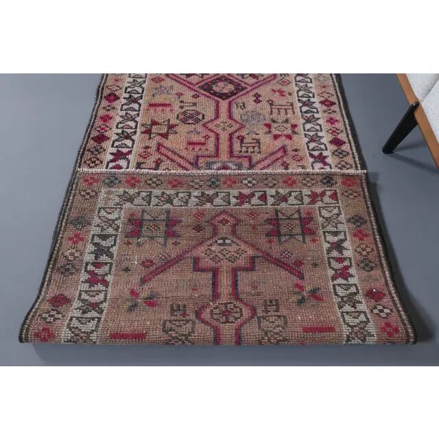 1970s Vintage Turkish Hand-Knotted Wool Cotton Beige Runner Rug 80x348