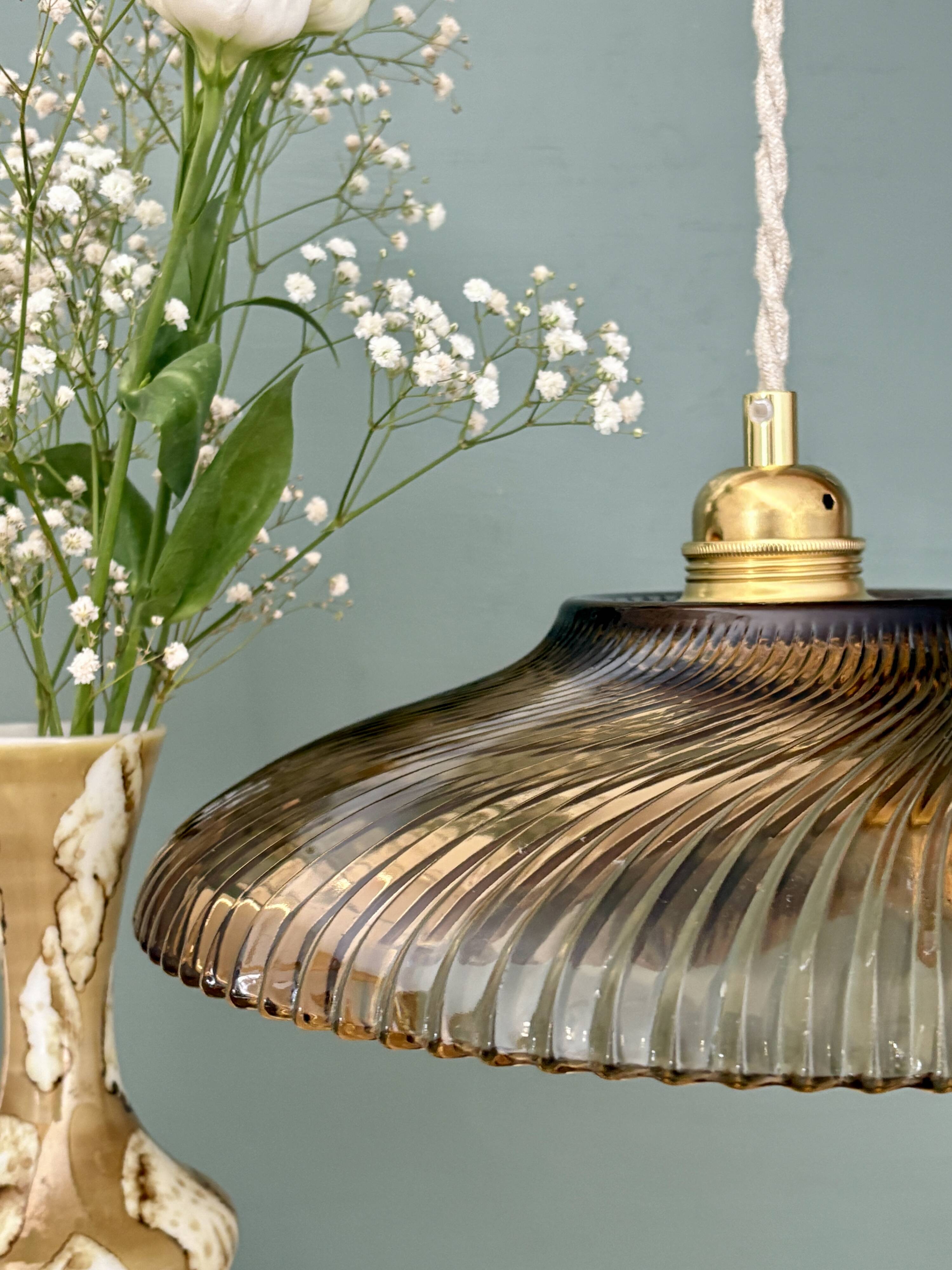 Vintage amber molded glass lampshade pendant light - tableware collection -
