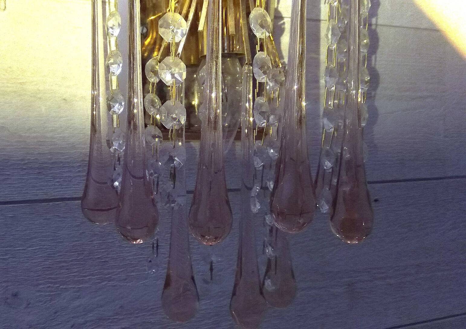 Pair of Murano wall sconces with cascading raindrop style, Venini crystals.