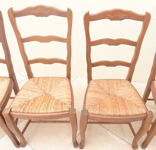 8 Straw chairs with high backs in solid wood