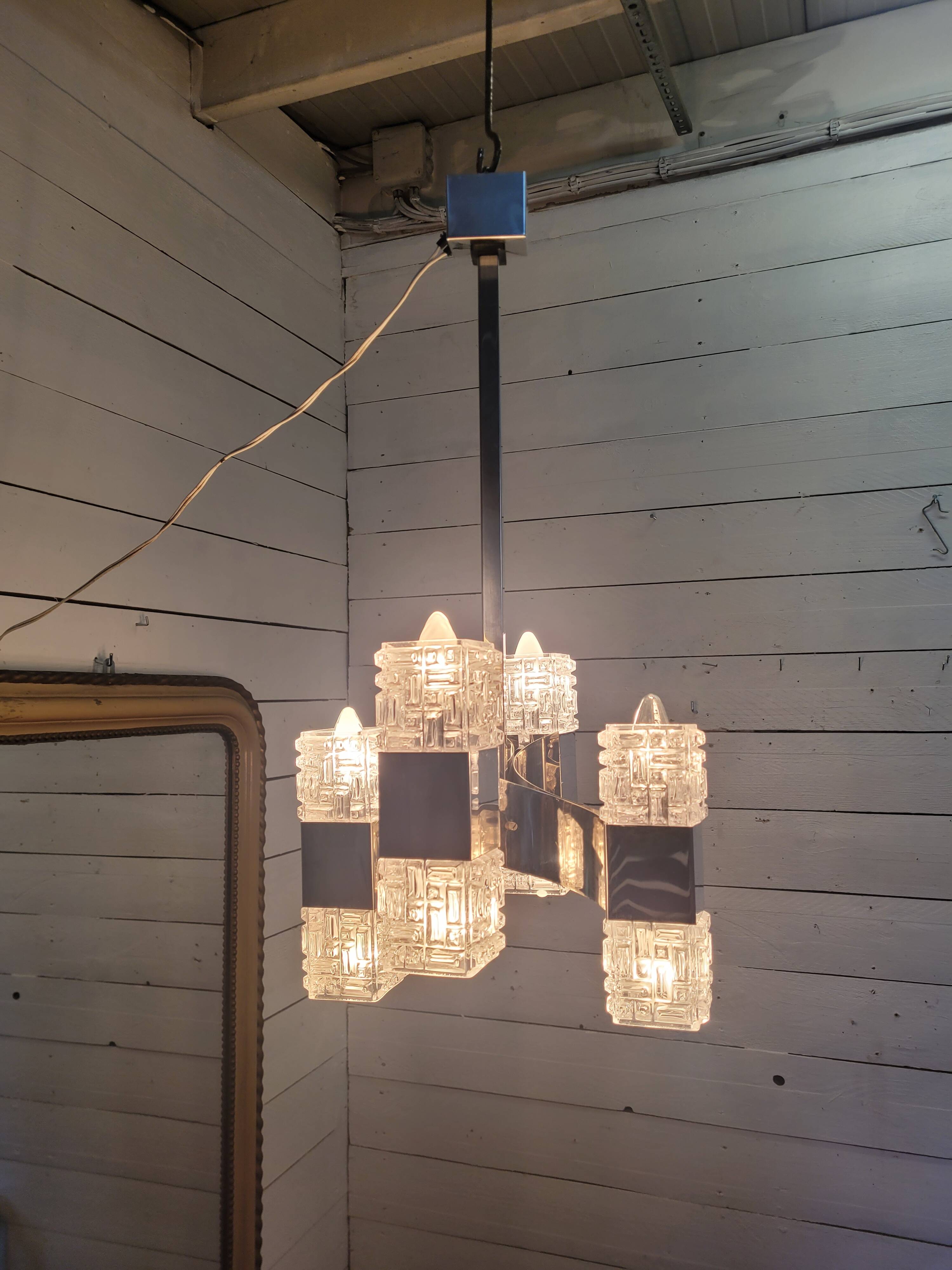Chrome and glass pendant chandelier by Sciolari, Italy, 1960s