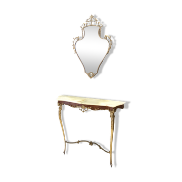 Ensemble de miroir mural et de console avec plateau en onyx et cadre en laiton