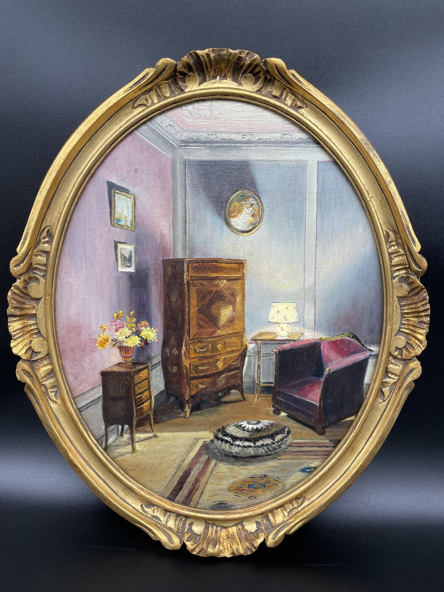 Ancient, Oil painting, interior scene, signed, wood frame, gilded, painting, French painter