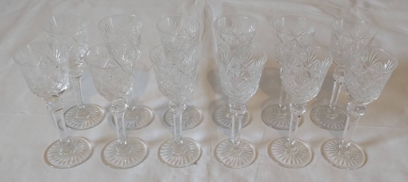 Set of 12 stemmed cut crystal liqueur glasses