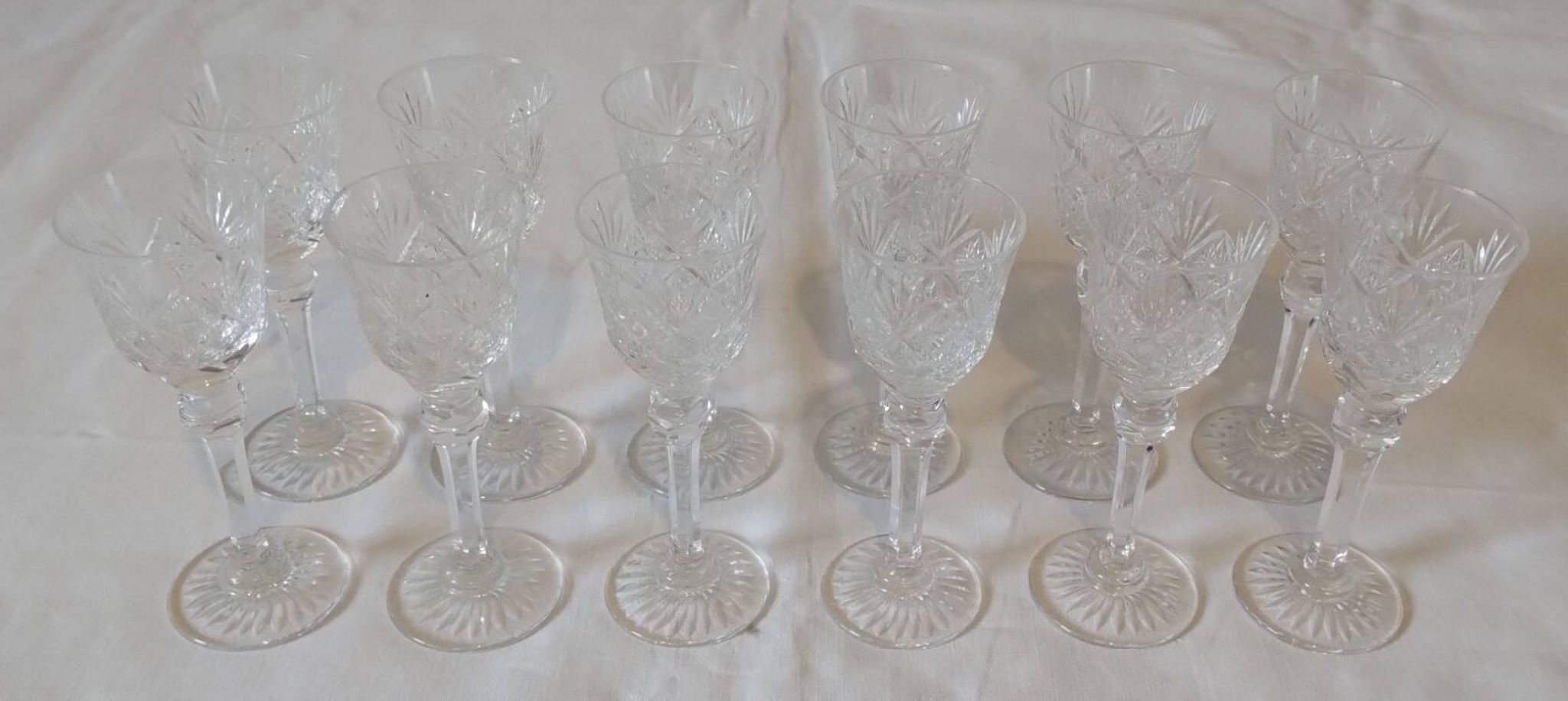 Set of 12 stemmed cut crystal liqueur glasses