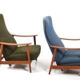 Pair of mid century Danish reclining lounge chairs in teak