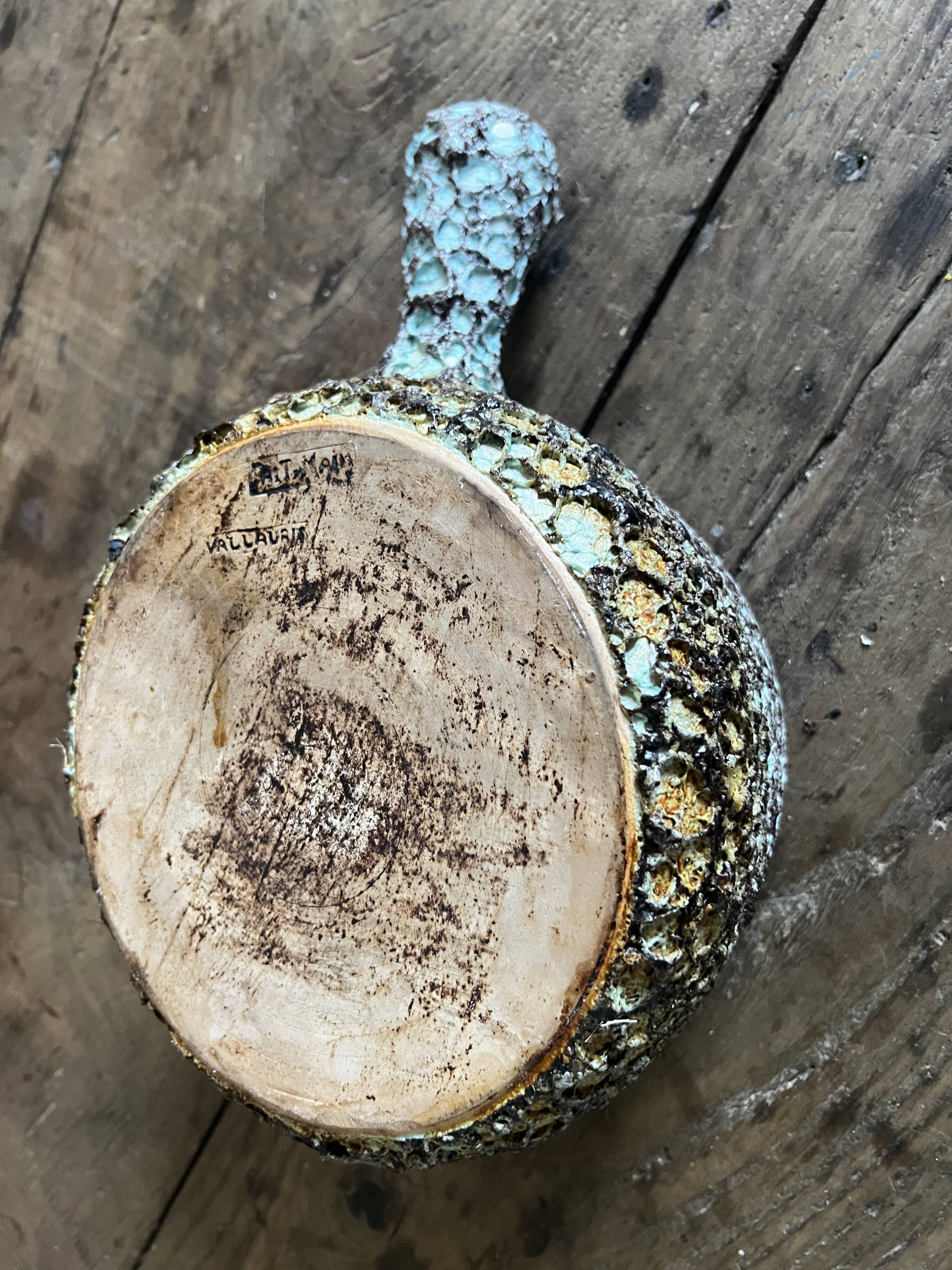 Vallauris ceramic pan – turquoise lava enamel – 1950s/1960s