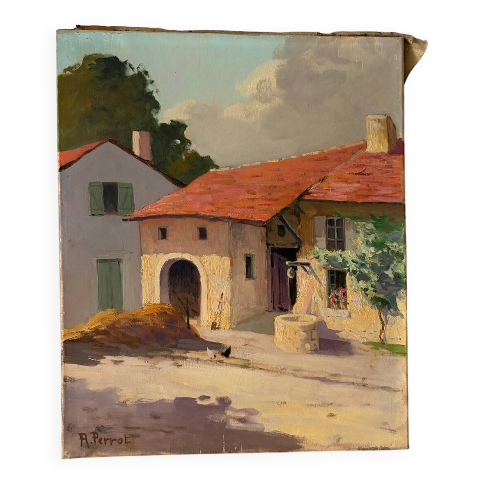 Country house with chickens, oil on canvas signed Perrot.