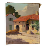 Country house with chickens, oil on canvas signed Perrot.