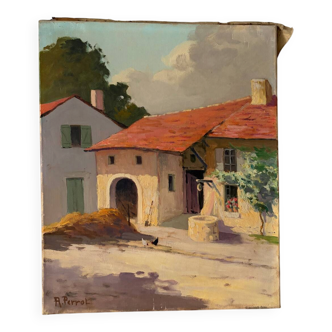 Country house with chickens, oil on canvas signed Perrot.
