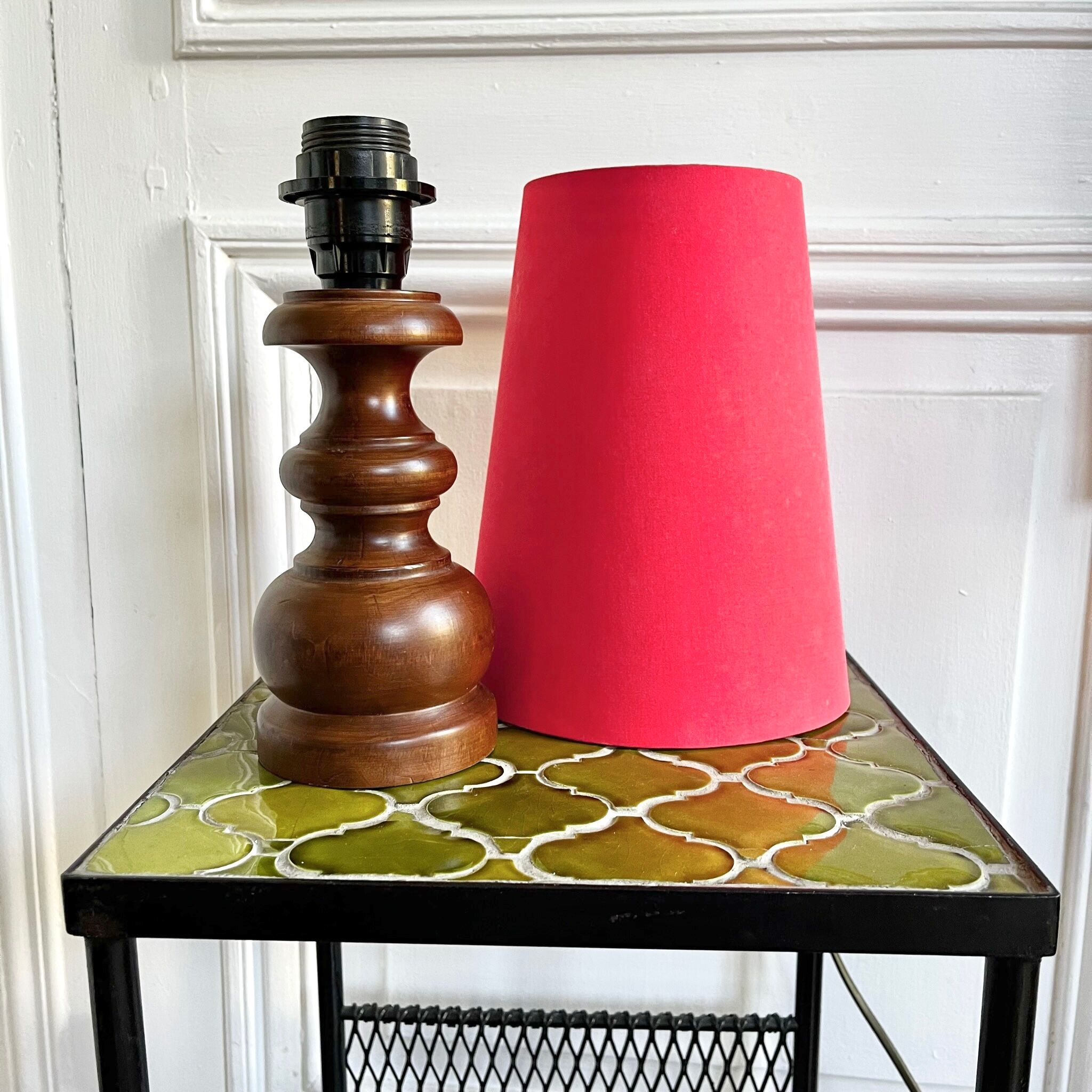 Turned wood lamp with vintage cone shade