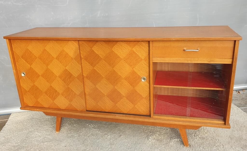 Sideboard 1960 diamond marquetry and showcase 180x45