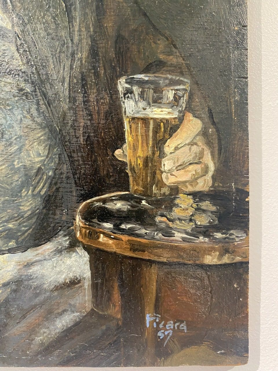 Old painting, portrait of a man with a pipe, signed and dated 57