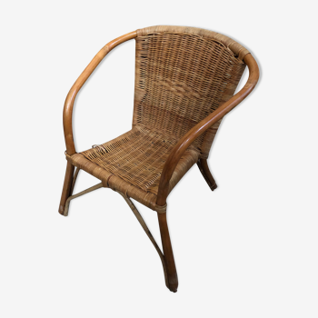 Fauteuil rotin & assise & dossier osier tressé années 70 vintage