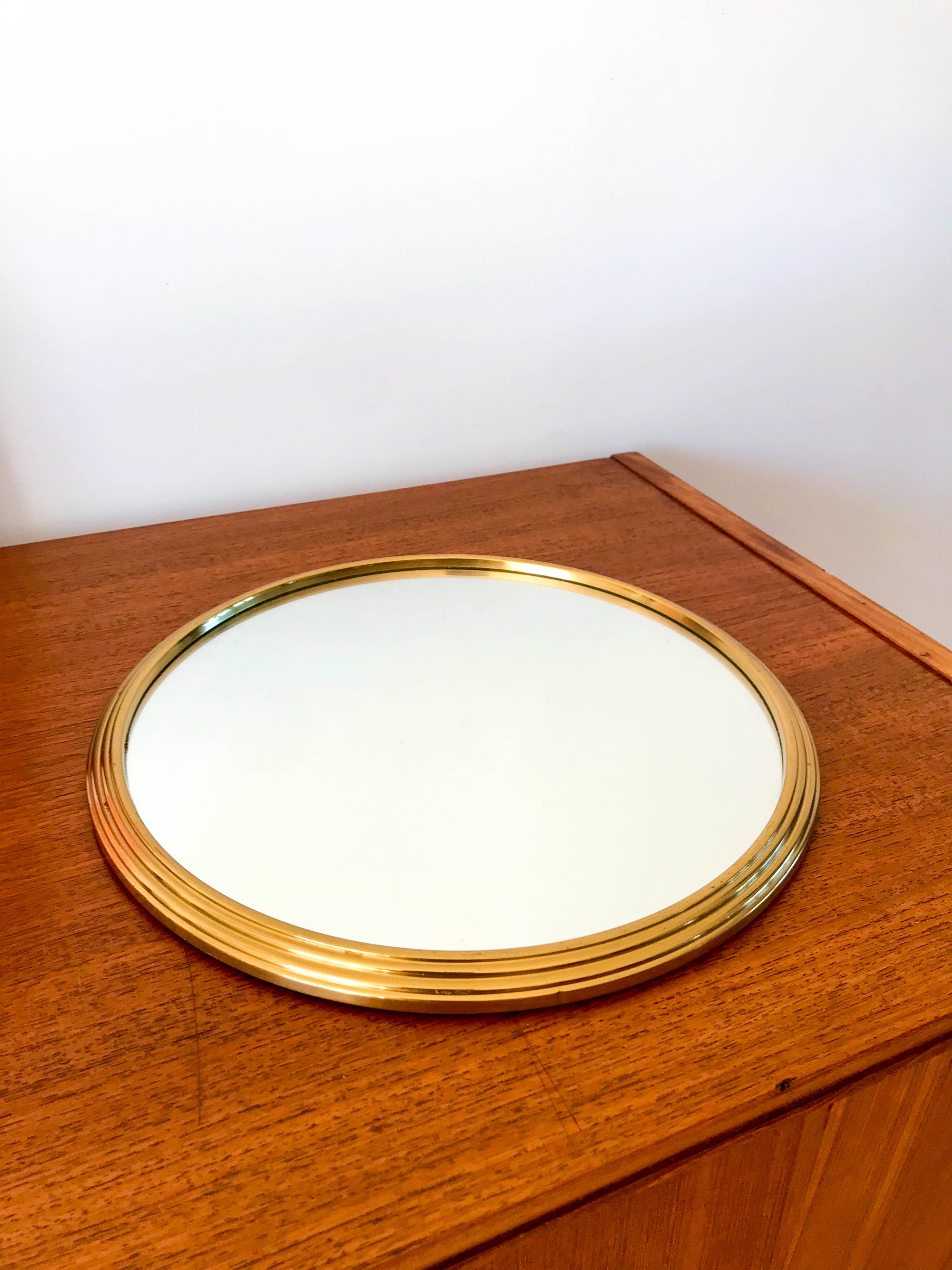 plateau miroir rond en métal doré années 50-60