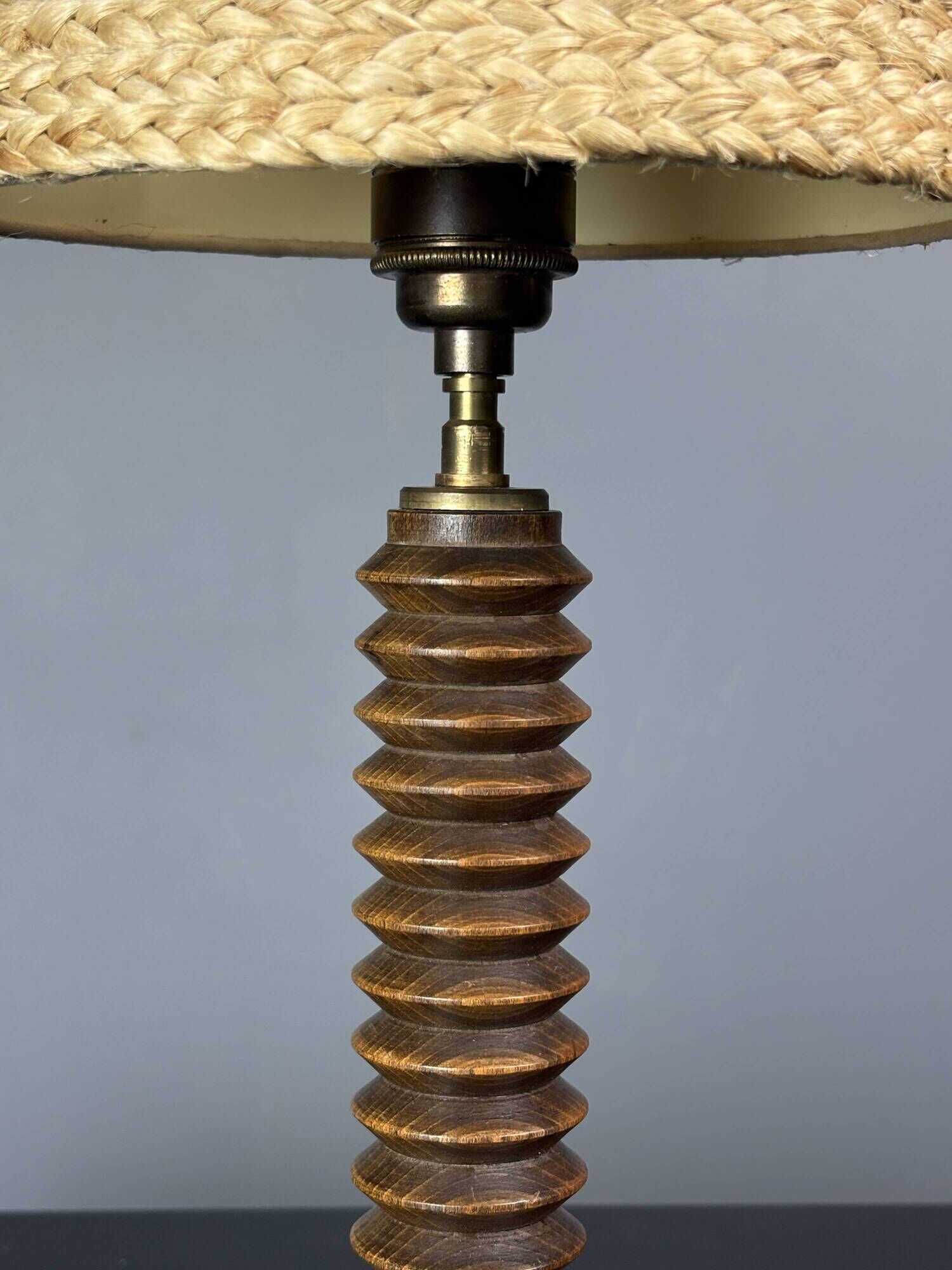 Midcentury French brutalist wood turned table lamp, Charles Dudouyt style