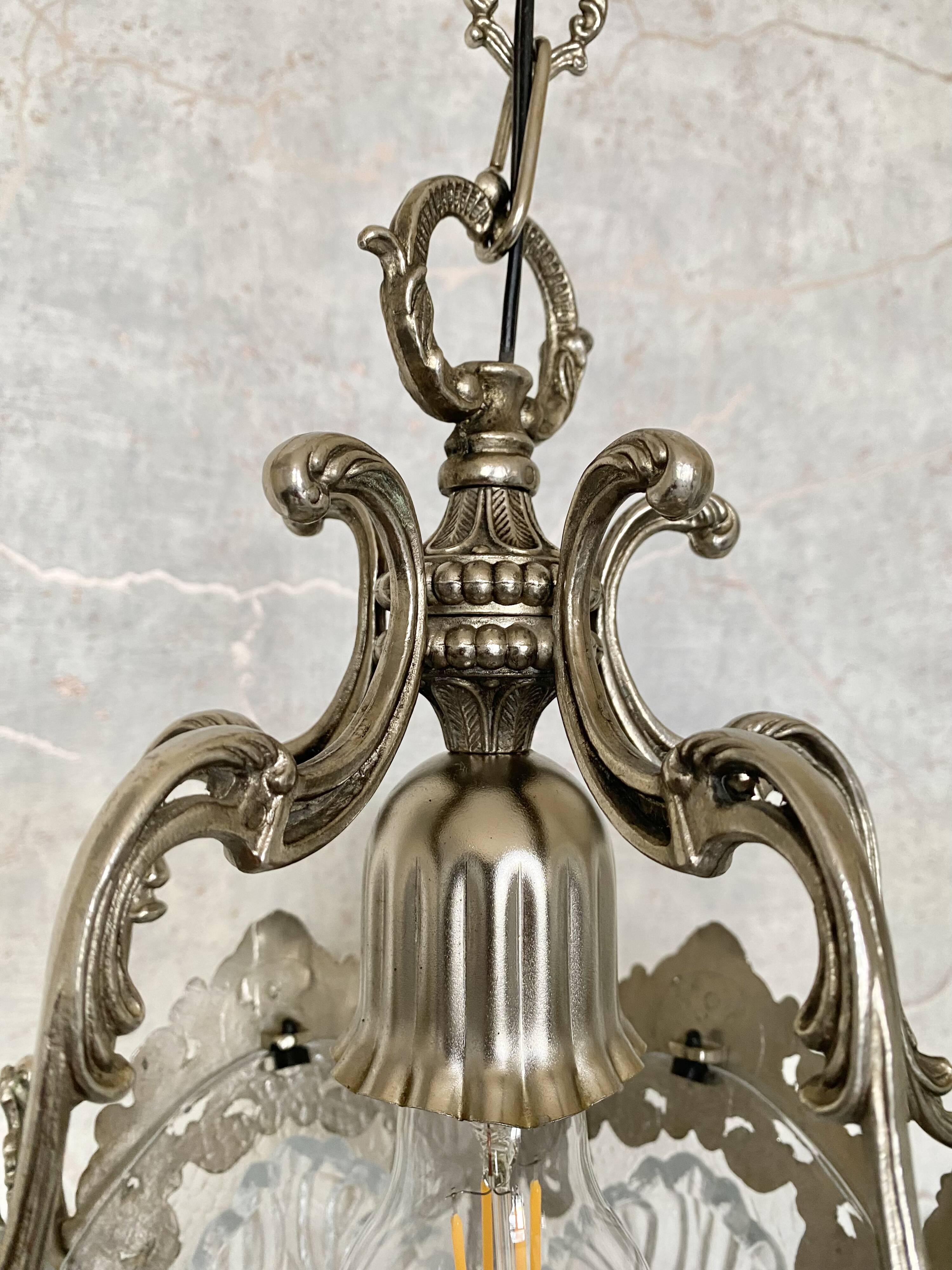 Set of lantern chandelier and double wall light — baroque style, silver metal