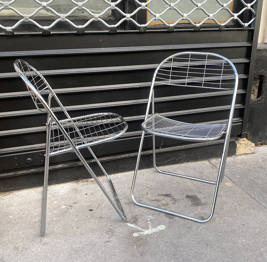 Pair of Niels Gammelgaard (?) "aland" mesh folding chairs, chrome, 1970