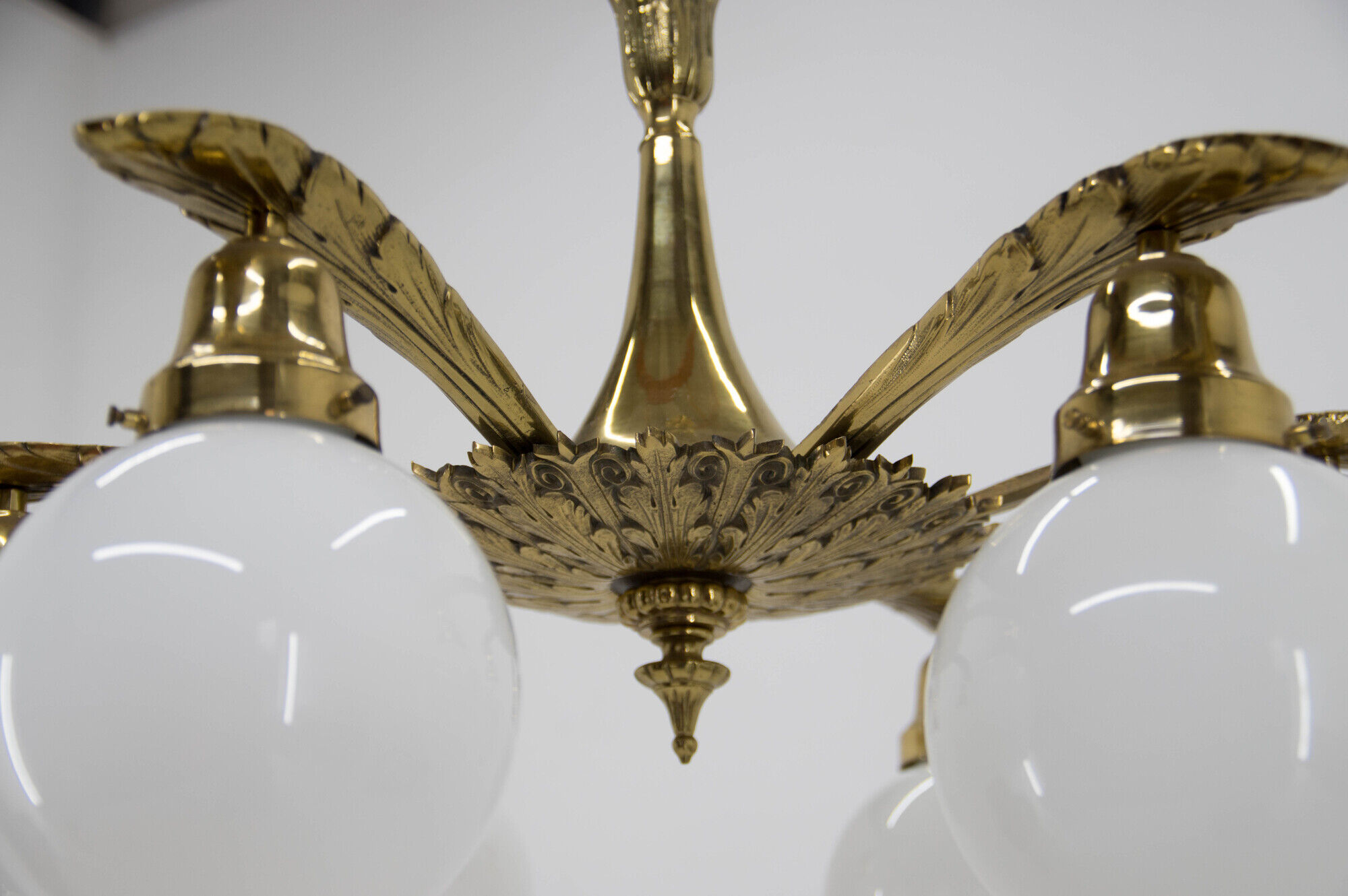 Art nouveau brass and glass chandelier