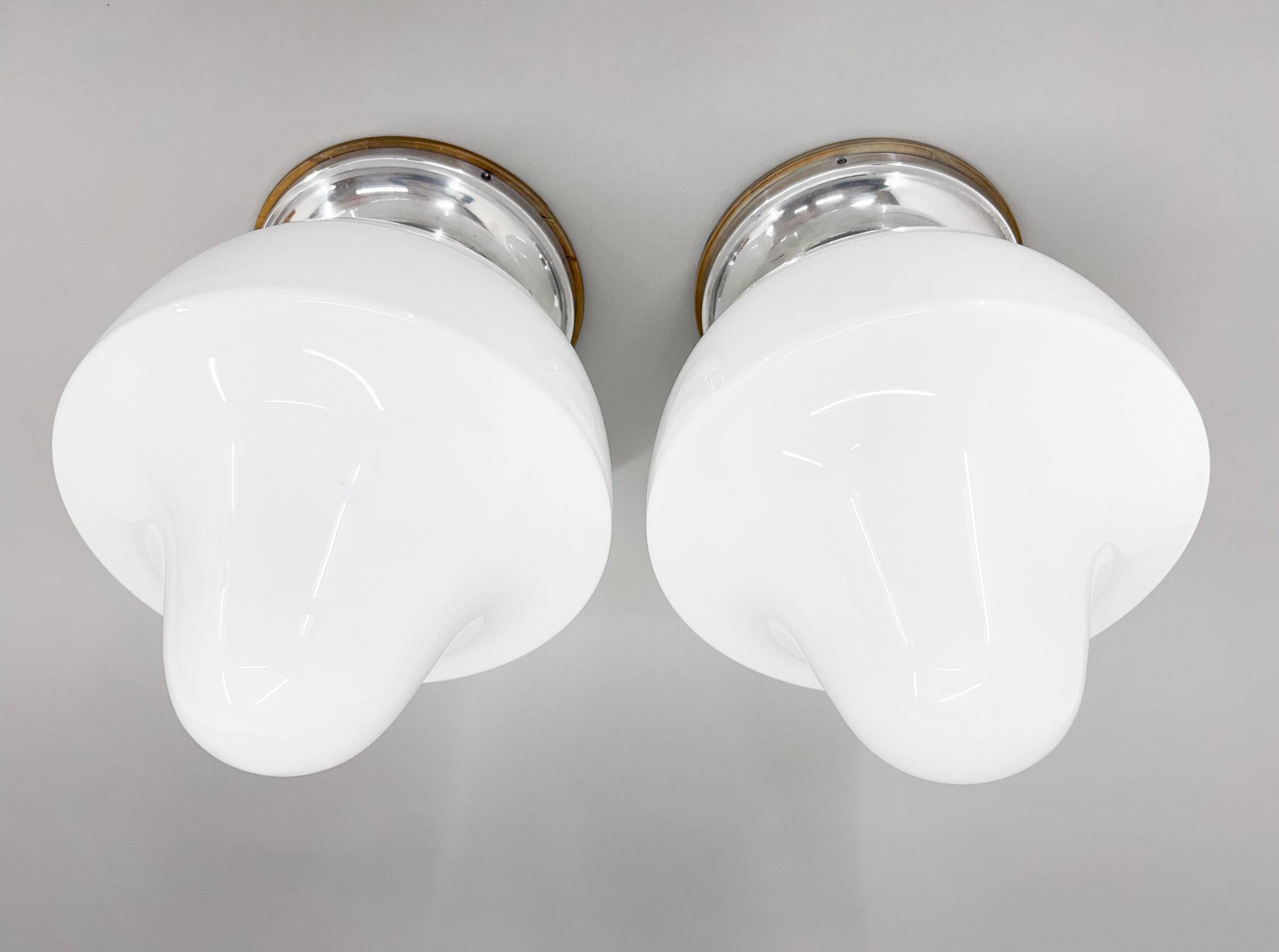 Pair of Mid-Century Chrome & Milk Glass Ceiling Ligts, Restored