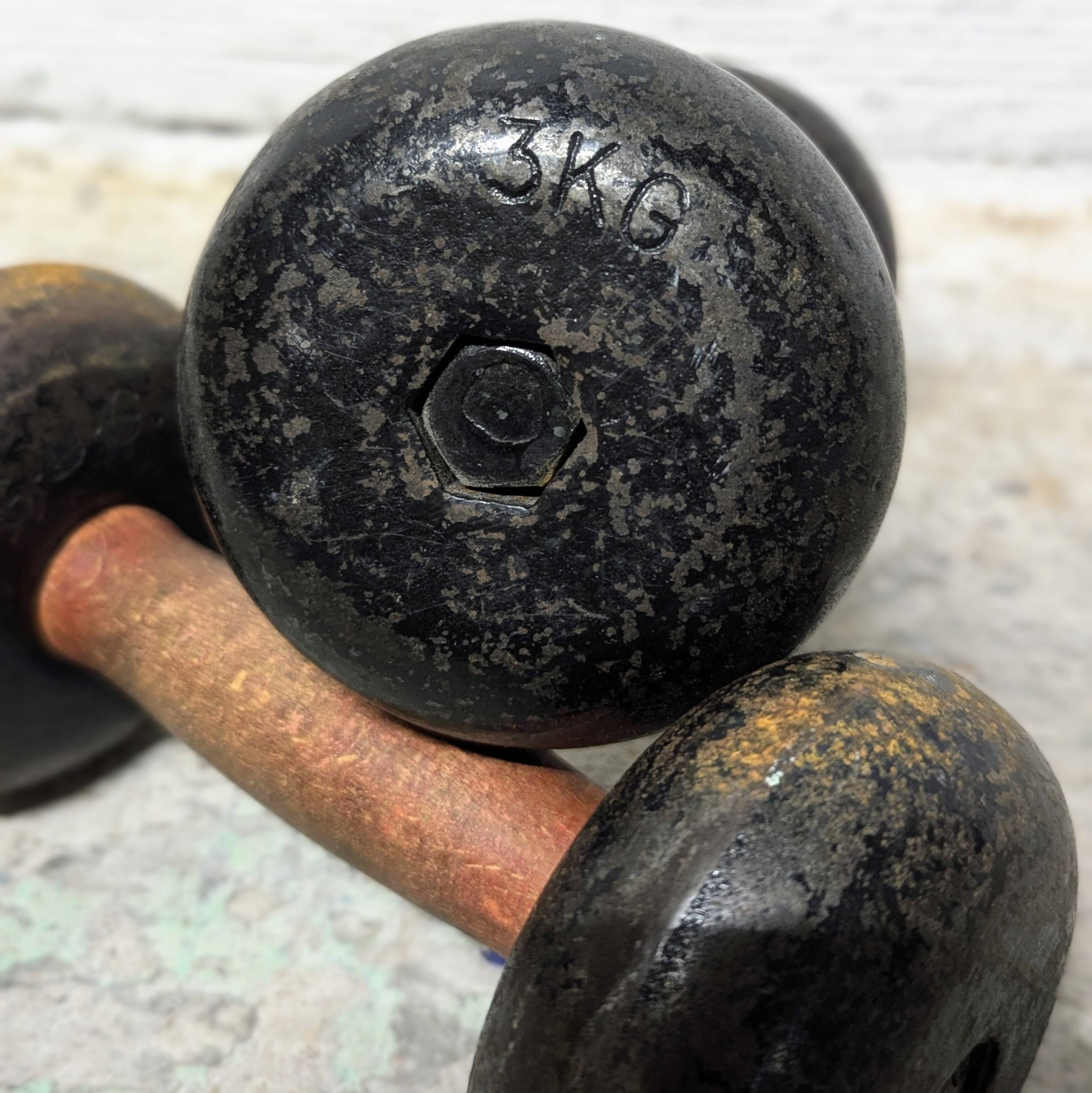 Pair of vintage cast iron and wood dumbbells
