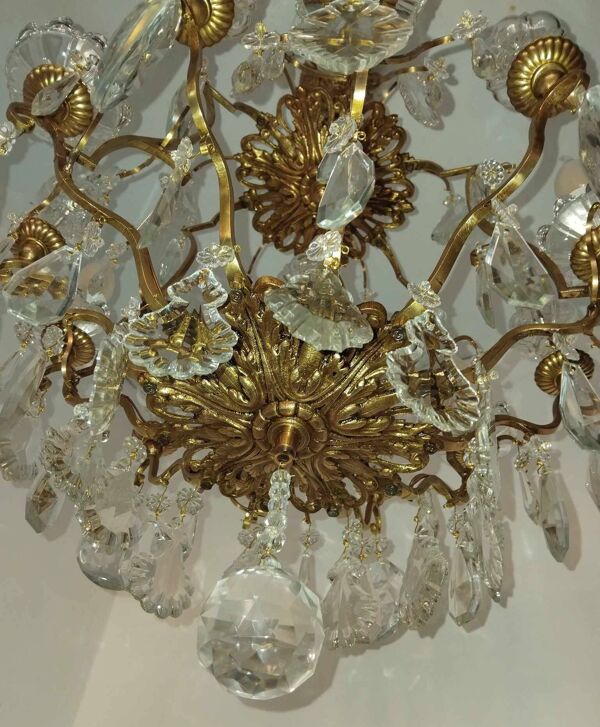 Lustre cage 6 bras de lumière avec poignard en cristal, fin 19ème