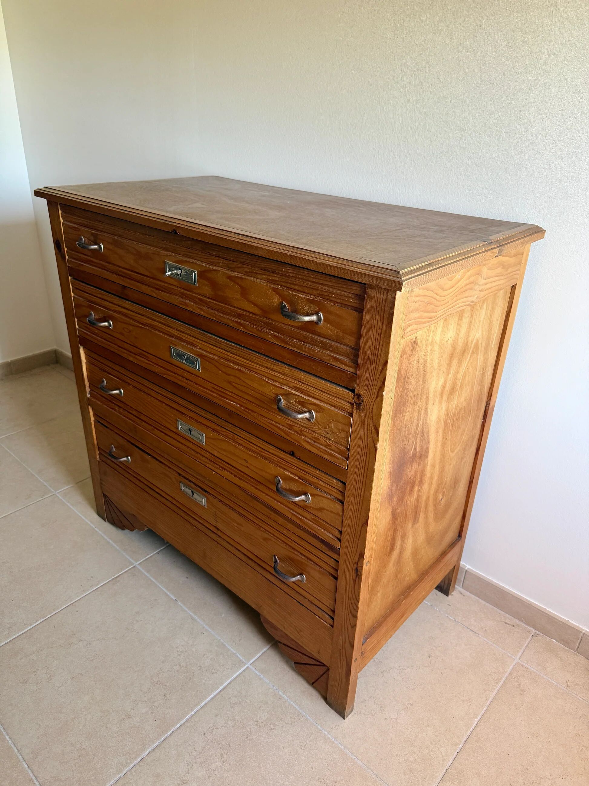 4-drawer chest in raw wood and chrome - art deco style