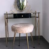 Coiffeuse laiton , verre et plastique noirs avec son tabouret moumoute