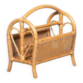 Bohemian rattan magazine basket, vintage 1960s magazine rack.