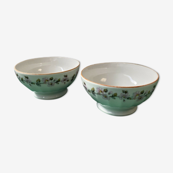 Paire de bol côtelé blanc en porcelaine par Deshoulieres décors fleuris vintage