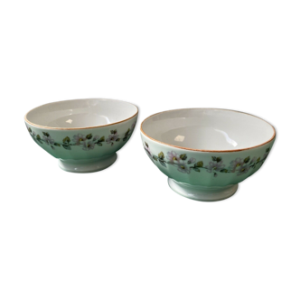 Paire de bol côtelé blanc en porcelaine par Deshoulieres décors fleuris vintage