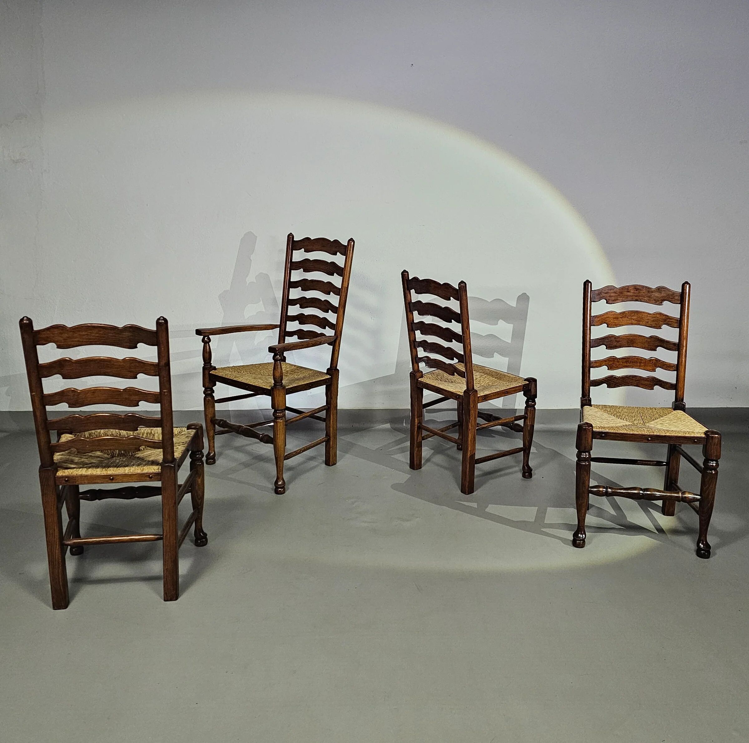 Set of 4 oak, rustic, farmhouse, ladderback dining chairs with rush seats 1960s