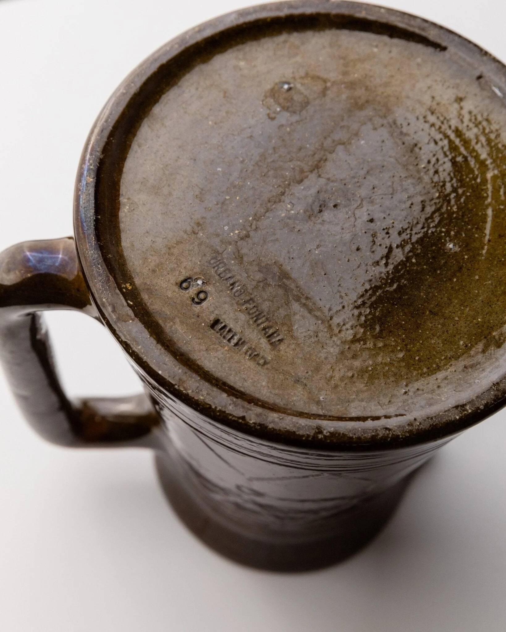 Vintage ceramic pitcher or vase with handle by Urbano Fontana, relief, brown glaze, Italy 1970s.